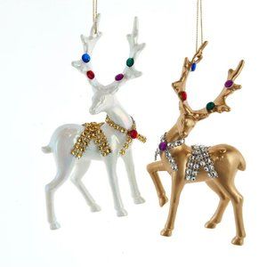 Reindeer Gold White Acrylic Rhinestone Ornament Set 2 Christmas 6" Kurt Adler